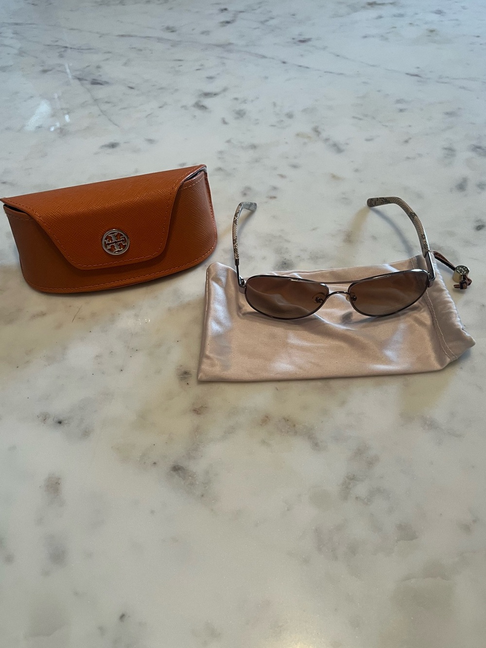 Tory Burch Brown Snake Skin Sunglasses with Orange Case